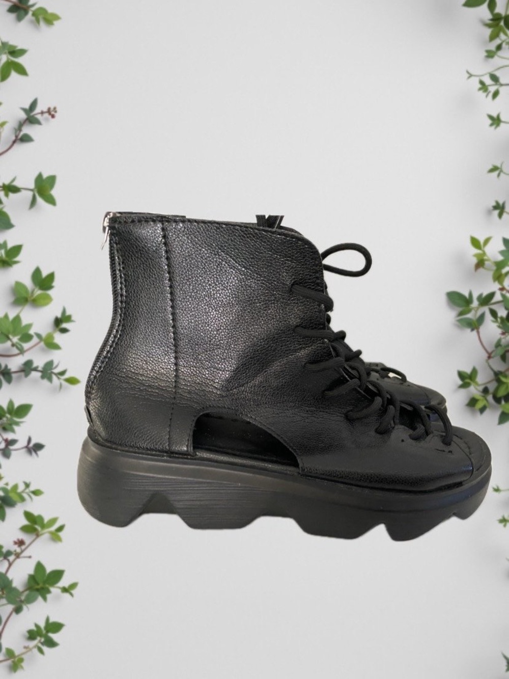 Faux leather Black Lace-Up Cutout Platform Sandal Boot